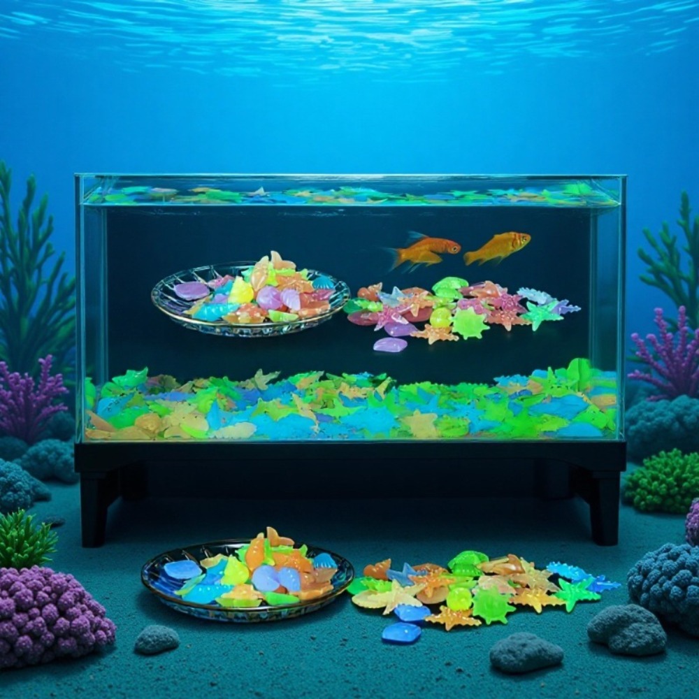 Aquarium Fish Items - 빛나는 해양석, 형광 조개껍데기, 화려한 불가사리